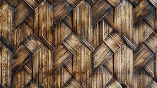 The image is a close-up of a woven bamboo wall. The bamboo is a light brown color and has a natural, organic texture. photo