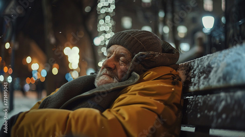 old homeless man sleeping on the bench in the big street 