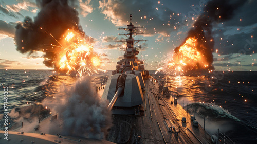 explode on battle ship in the sea , explosion , stunt man , wreck 