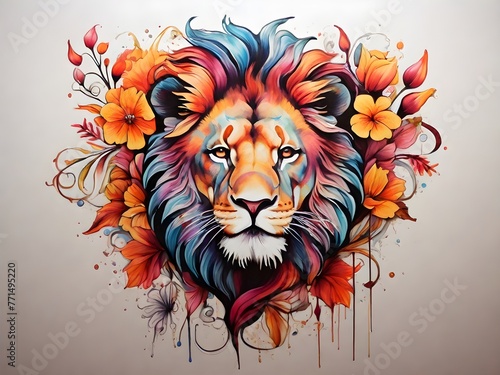 A colorful lion tattoo image surrounded by flowers