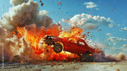 explode on red car , explosion , action stunt man , car wreck
