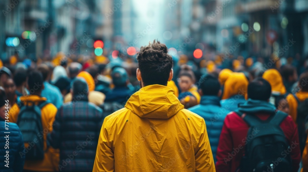 Man in yellow jacket standing out from large crowd of people in the middle of the street Man in yellow jacket standing out from large crowd of people in the middle of the street