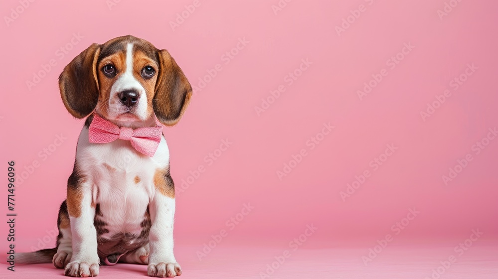 beagle puppy, wearing a bow tie and sitting on a floor, solid pink background with copy space for text