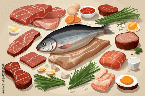fish, eggs and meat with the concept of healthy food full of nutrients. Vector flat illustration