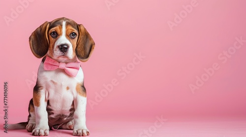 beagle puppy, wearing a bow tie and sitting on a floor, solid pink background with copy space for text