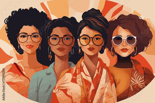 Diverse women faces of different ethnic patterns wearing glasses. Patterns of women's empowerment movements. Vector flat illustration