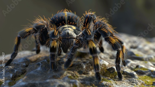 A close up of a tarantula on a rock. The tarantula is black and yellow, very hairy, and has eight legs.