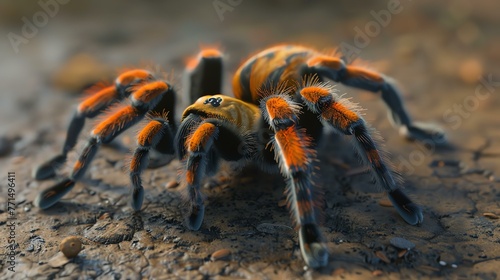 A close up of a tarantula on the ground. The tarantula is black and brown with bright orange hairs.