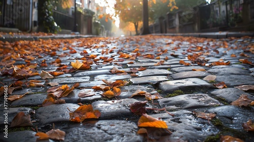 Cobblestone street in the fall. The wet cobblestones are covered in fallen leaves. The leaves are in various shades of yellow, orange, and brown.