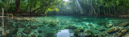 panorama view of clear water at watershed forest with turqouise water and natural sunlight photo