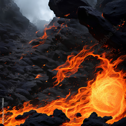 Fire flames coming out of black volcanic rock, burning fiery hot volcanic activity volcanic eruption lava flow landscape image 