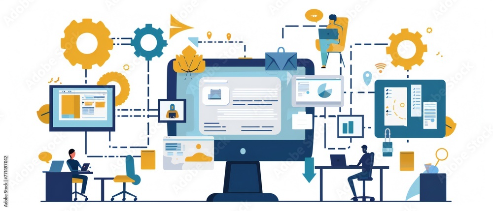 Isometric view of print and document processing workflow in modern office. Office technology concept. Isometric view of print and document processing workflow in modern office. Office technology concept.