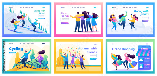 Collection of vacation landing pages with friends. Joint walks, shopping, cycling, recreation. Cartoon flat characters