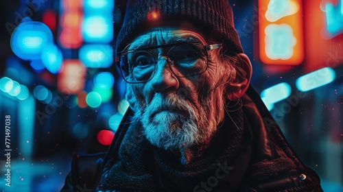 A thought-provoking portrait of an elderly man with a long white beard and glasses, captured against a vibrant backdrop of city lights.