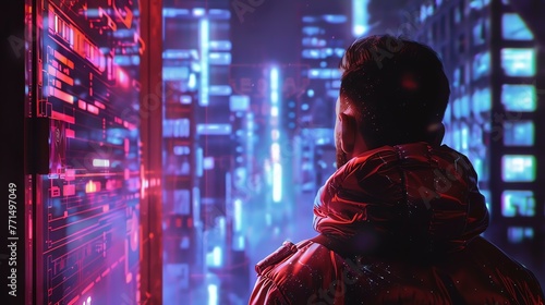 A man in a red jacket looking out at a futuristic city at night. The city is full of bright lights and tall buildings.