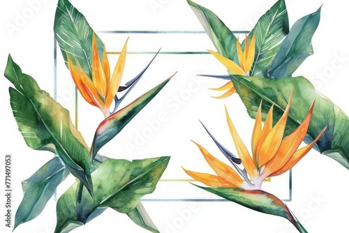 Exotic bird of paradise flower positioned centrally within a minimalist rectangle frame watercolor clipart