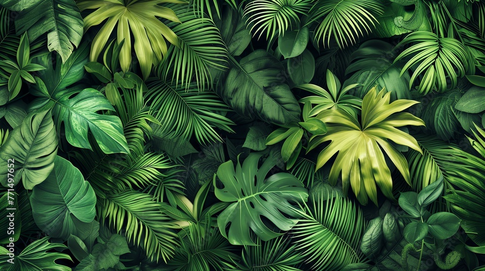 The image is a seamless pattern of lush tropical leaves. The leaves are rendered in a realistic style and feature a variety of colors and textures.
