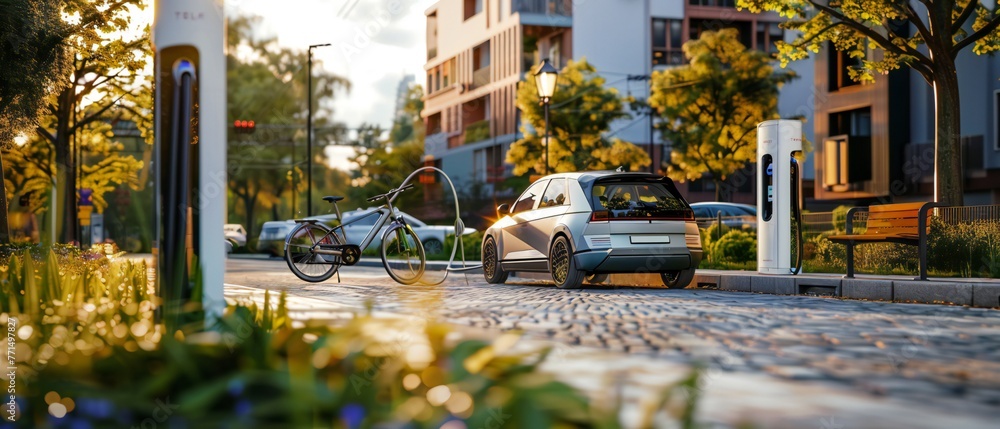 Electric car charging at a city charging station with a bike parked nearby
