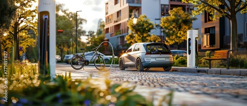 Obraz na płótnie Electric car charging at a city charging station with a bike parked nearby w salonie
