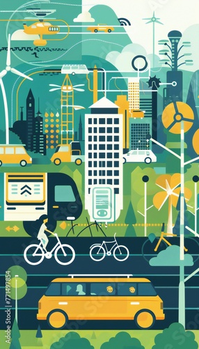 Futuristic urban transport scene with drones and electric vehicles. Smart city and transportation