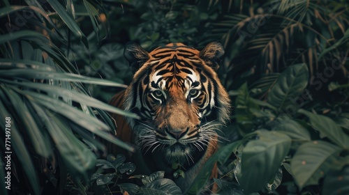 tiger silently stalking through dense jungle undergrowth piercing gaze prey