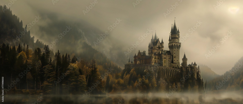 Fantasy castle on cliff with dramatic clouds. Imagination and fairy tale concept