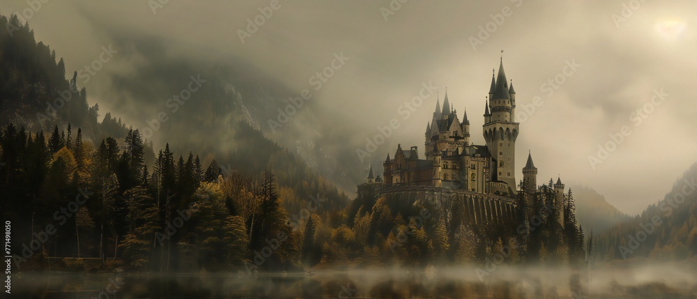 Fototapeta premium Fantasy castle on cliff with dramatic clouds. Imagination and fairy tale concept