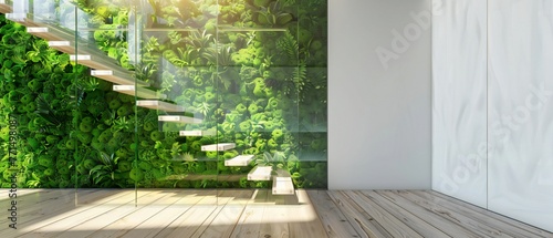 Modern staircase with living green wall in a contemporary interior. Eco-friendly architecture