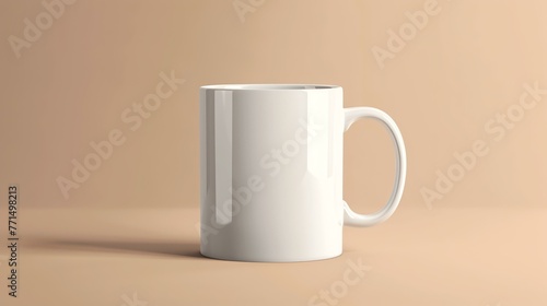 A simple white coffee mug sits on a solid beige background. The mug is plain and has a glossy finish.