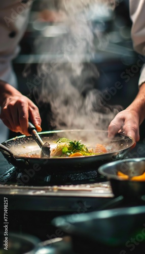 Professional chef cooking with flame in a commercial kitchen. Culinary arts and gourmet cuisine