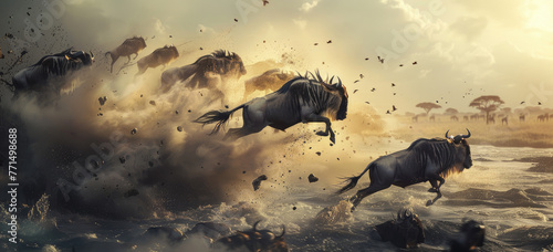 Photo of an intense moment as wildebeest jump into the river during their great migration