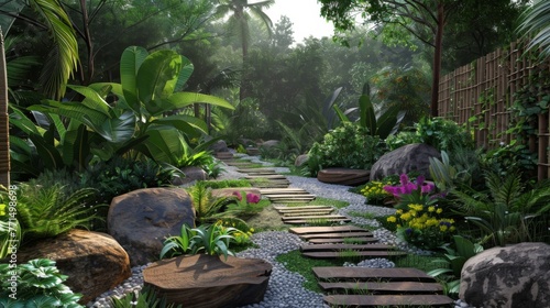Lush Garden With Abundant Plants and Rocks