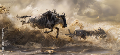 Photo of an intense moment as wildebeest jump into the river during their great migration © Kien