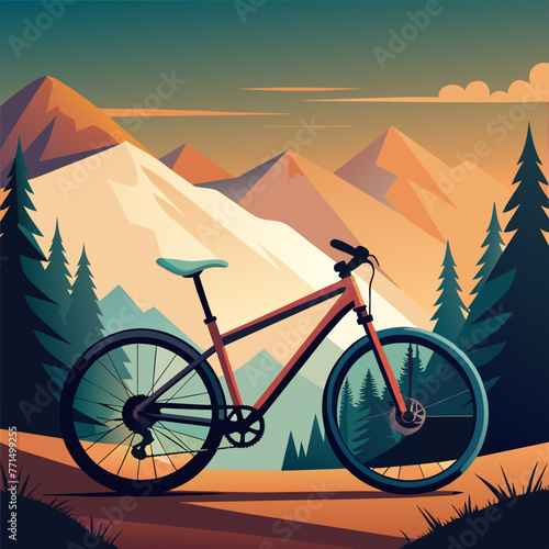 Ein Moutainbike vor einer Berglandschaft und Bäumen.