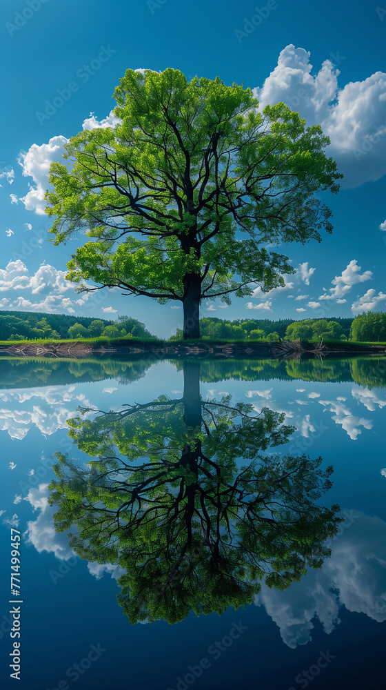 A giant tree stood behind a large stream againts blue sky with fluffy cloud. See the perfect reflection on the water A giant tree stood behind a large stream againts blue sky with fluffy cloud. See the perfect reflection on the water