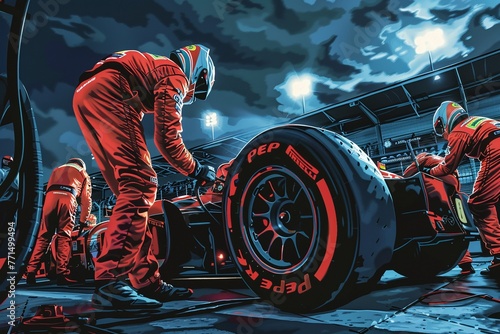 Depict the teamwork and camaraderie of an endurance racing pit crew executing a flawless tire change