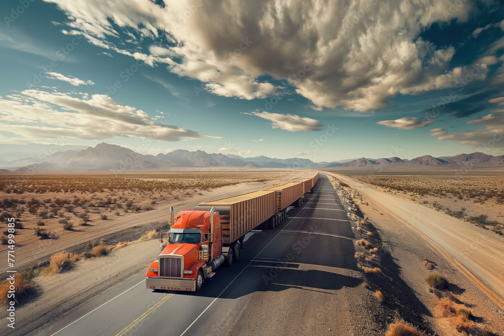 In Australian desert, road train carries cargo by car truck AI Generative