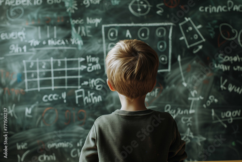 Back view of a child writes with chalk on a blackboard solution of an example in mathematics. Elementary school math lesson. © Apinya