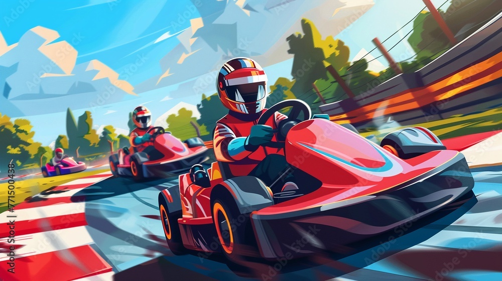 Paint a scene of karting enthusiasts pushing their machines to the limit on a challenging outdoor circuit