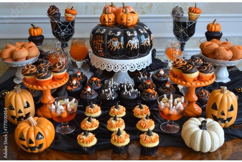Festive Halloween Dessert Table Setup with Pumpkin and Bat Decorations, Orange and Black Treats © pisan