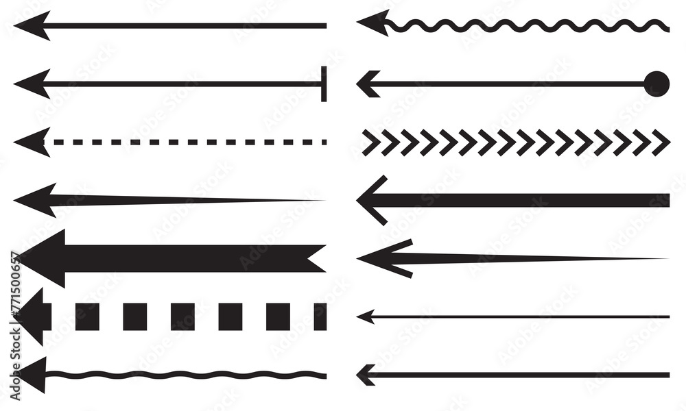 Fototapeta premium Straight long horizontal arrow set. Black colour shape isolated on white background. Vector illustration flat style. arrow vector.