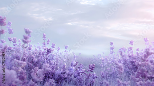 A vast purple flower field bathed in the warm colors of a summer sunset