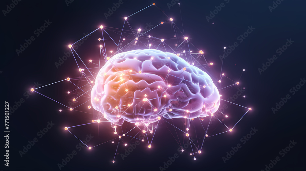 3D Human Brain With Connection Dots And Plexus Lines. Artificial Intelligence And Deep Learning Concept. 3D Rendering 3D Human Brain With Connection Dots And Plexus Lines. Artificial Intelligence And Deep Learning Concept. 3D Rendering