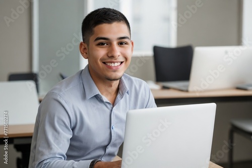 IT Software Developer concept. Handsome young Hispanic developer is developing software with copy space. photo