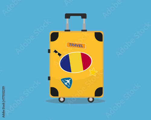 Suitcase or baggage with Romania flag, holiday and vacation idea