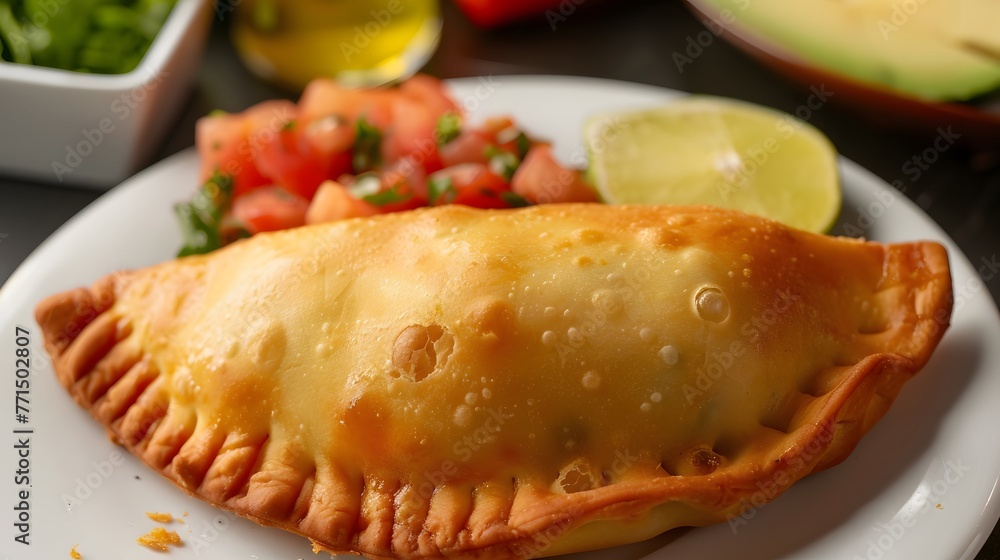 Empanada is a type of baked or fried pastry with filling of meat, cheese, tomato and others, common in spain and latin american countries - obrazy, fototapety, plakaty 