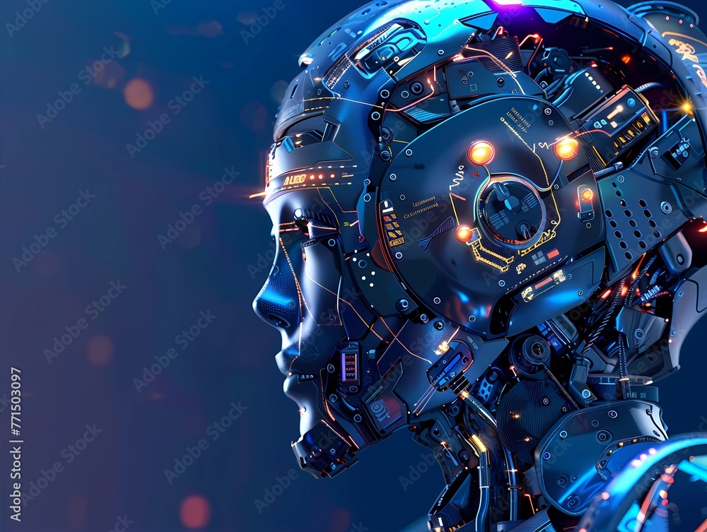 Futuristic AI Robot Head with Digital Brain Concept