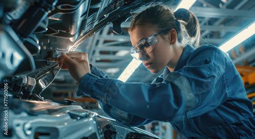 Female mechanic working on a car underneath, wearing a blue uniform and safety glasses in a modern automotive workshop
