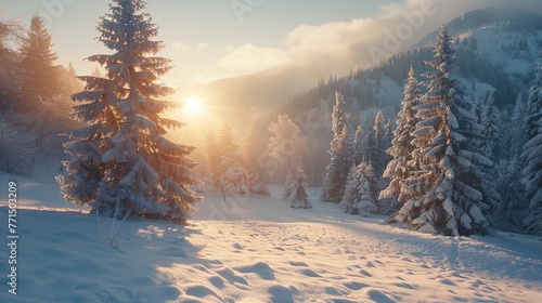Incredible winter landscape with snowcapped pine trees under bright sunny light in frosty morning. Amazing nature scenery in winter mountain valley. Awesome natural Background.