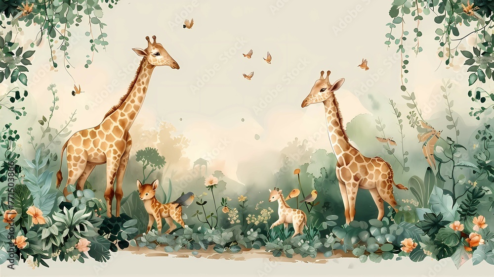 Fototapeta premium Enchanted Forest Scene With Giraffes and Lush Vegetation